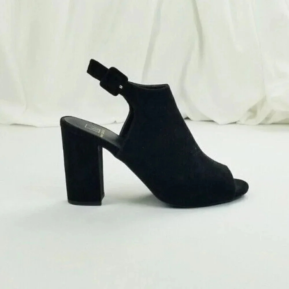 Material Girl 9M Women's Brittni Black Suede Peep Toe Slingback Ankle Strap